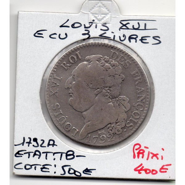 3 Livres Louis XVI Constitution 1792 A paris 2eme semestre TB-