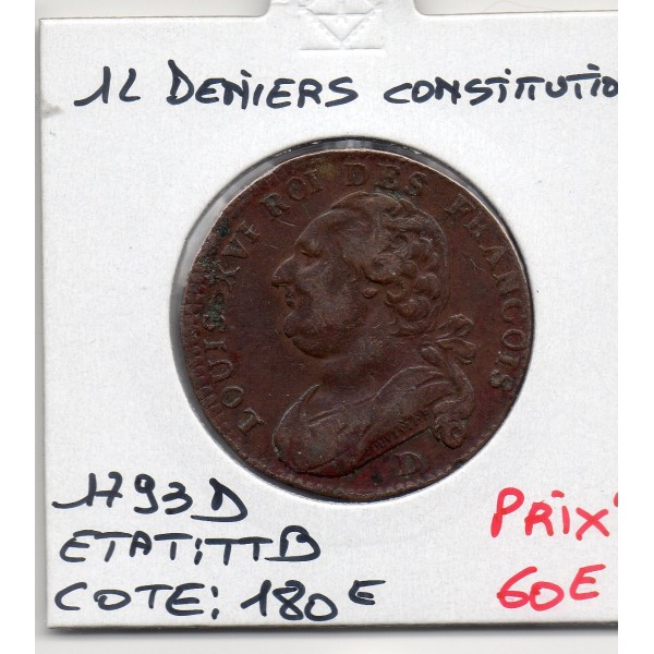 12 denier Constitution Louis XVI 1793 D Lyon TTB