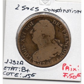 2 Sols Constitution Louis XVI 1792 A Paris B+