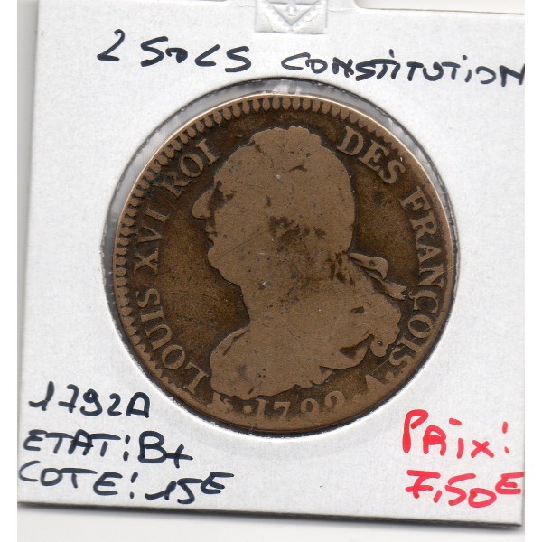 2 Sols Constitution Louis XVI 1792 A Paris B+
