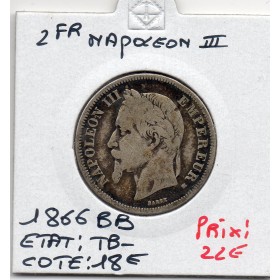 2 francs Napoléon III tête laurée 1866 BB Strasbourg TB-