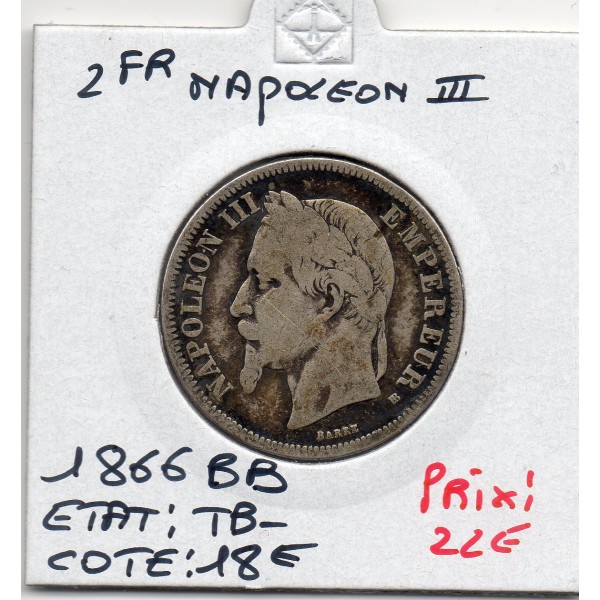 2 francs Napoléon III tête laurée 1866 BB Strasbourg TB-