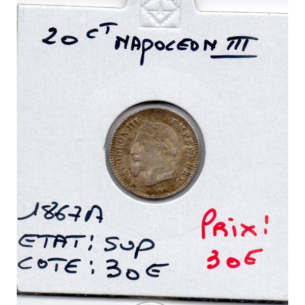 20 centimes Napoléon III tête laurée 1867 A Paris Sup