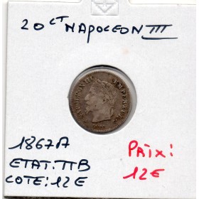 20 centimes Napoléon III tête laurée 1867 A Paris TTB