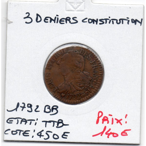 3 denier Constitution Louis XVI 1792 BB, TTB-