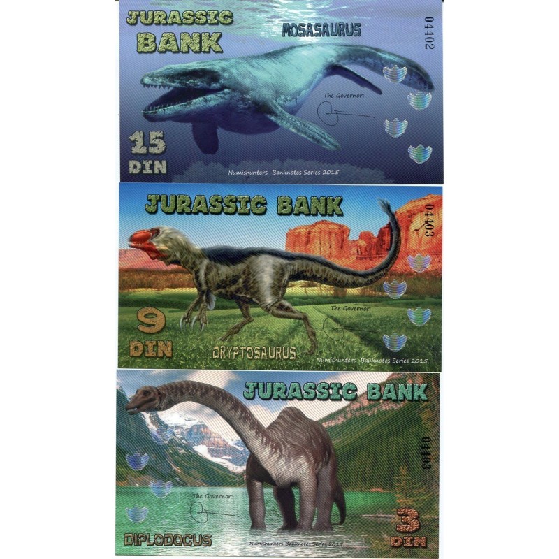 Jurassik bank, 3 Billets commémoratifs de 3, 9 et 15 din 2015