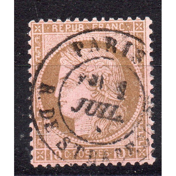 Timbre France Yvert No 54 Type Cérès 10c brun s. rose Oblitéré CaD type 17