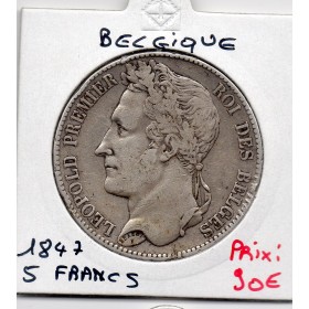 Belgique 5 Francs 1847 TTB, KM.3 Leopold 1er