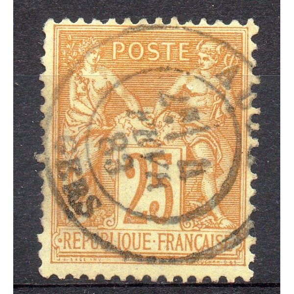 Timbre France Yvert No 92a Type II Sage 25c jaune s. bistre-jaune Oblitéré