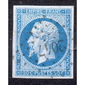 Timbre France Yvert No 14Ac Type I Empire 20c Bleu sur azuré Oblitéré Petits chiffres