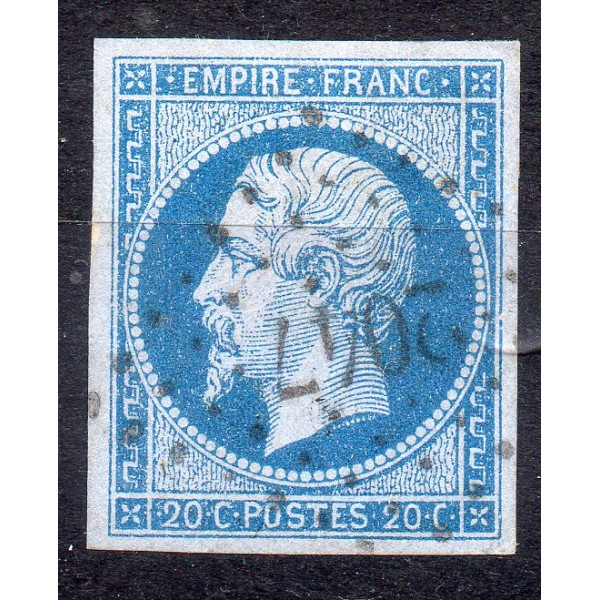 Timbre France Yvert No 14Ac Type I Empire 20c Bleu sur azuré Oblitéré Petits chiffres