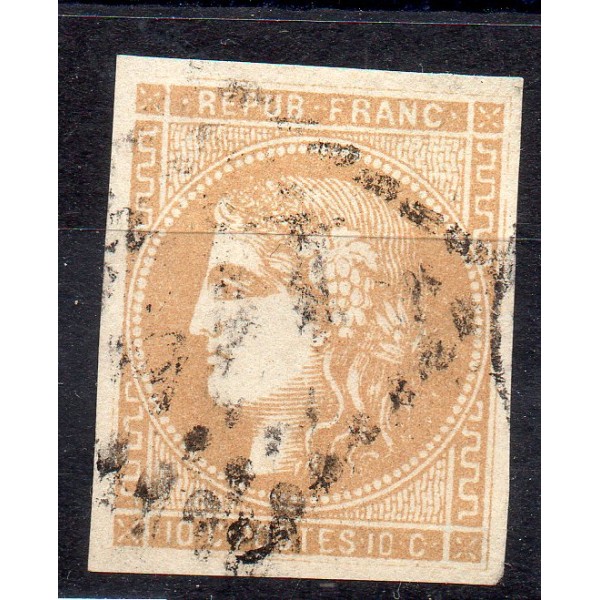 Timbre France Yvert No 43A Émission de Bordeaux 10c bistre Oblitéré gros chiffres