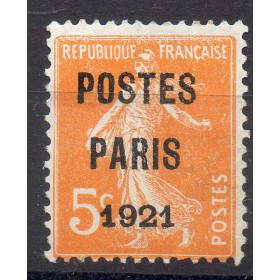 Timbre France Préoblitérés Yvert 29 semeuse poste Paris 1921 30c orange neuf sans gomme