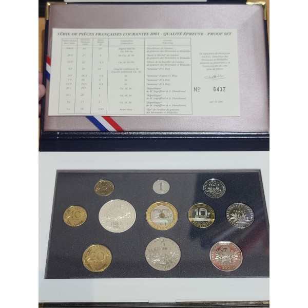 Coffret BE France 2001 pièces de monnaies en Franc