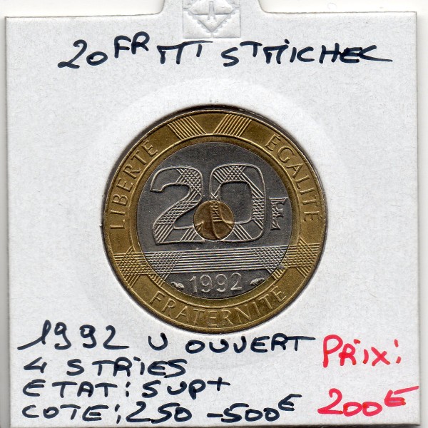 20 francs Mont St Michel 1992 V ouvert 4 cannelures Sup+