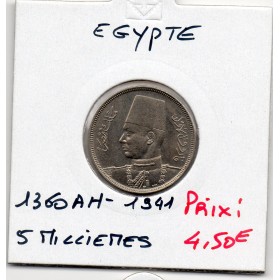 Egypte 5 Milliemes 1360 AH - 1941 Spl, KM.363 Farouk 1er