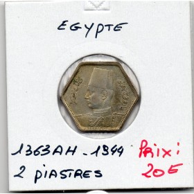Egypte 2 piastres 1363 AH - 1944 Sup, KM.369 Farouk 1er