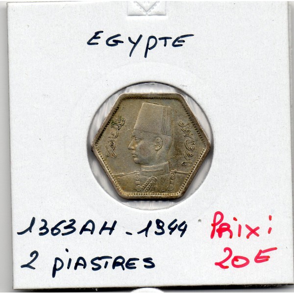 Egypte 2 piastres 1363 AH - 1944 Sup, KM.369 Farouk 1er