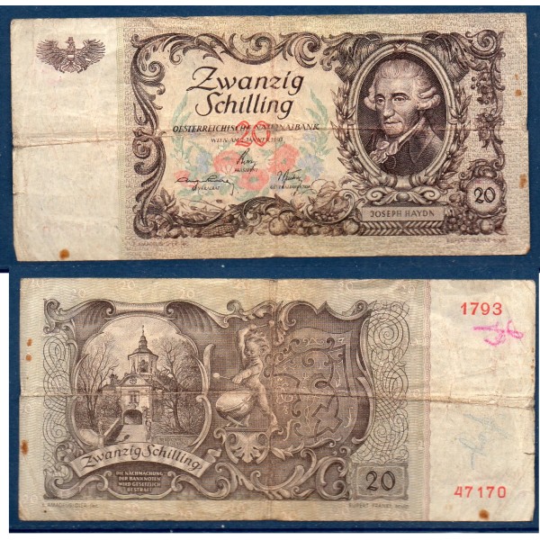 Autriche P.129a, B Billet de 20 Schillings 1950 haydn