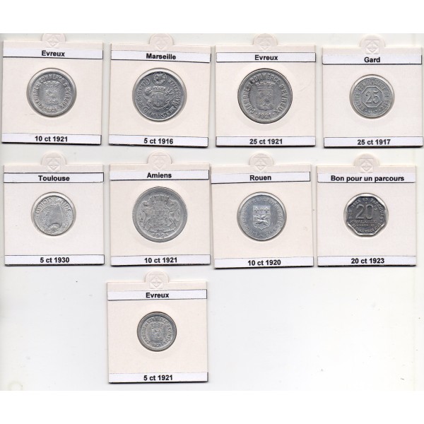 Lot de 9 pièces de monnaie CCI et nécessité 1916-1920