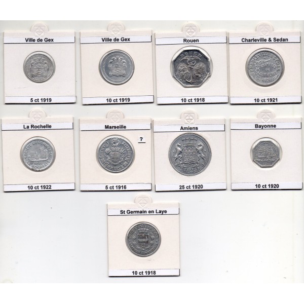 Lot de 9 pièces de monnaie CCI et nécessité 1916-1921