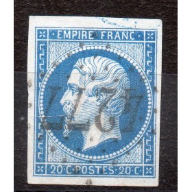 Timbre France Yvert No 14B Type II Empire 20c Bleu Oblitéré gros chiffres