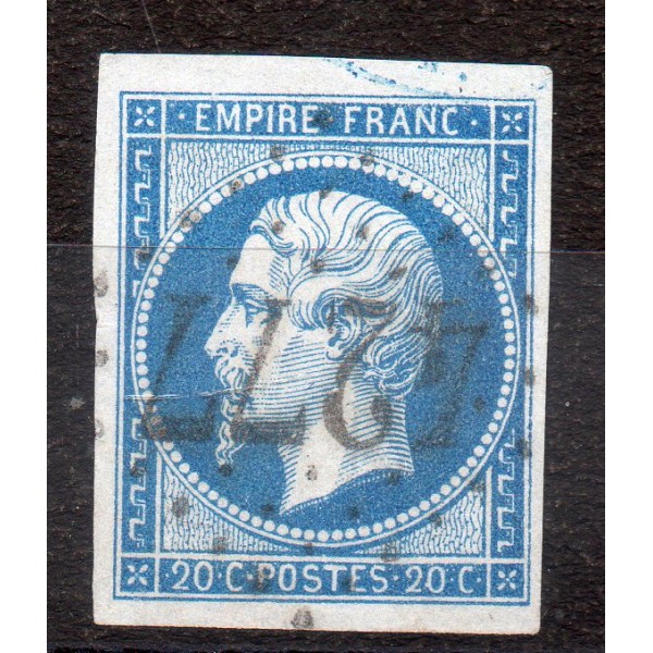 Timbre France Yvert No 14B Type II Empire 20c Bleu Oblitéré gros chiffres