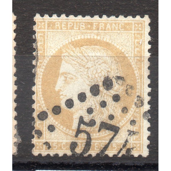 Timbre France Yvert No 59 Type Cérès 15c bistre Oblitéré gros chiffres