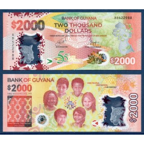 Guyana P.42, Neuf Billet de 2000 Dollars 2021 55 ans indépendance