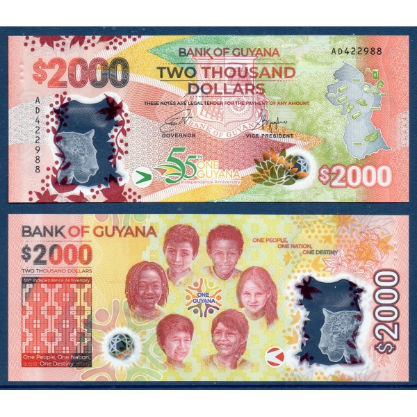 Guyana P.42, Neuf Billet de 2000 Dollars 2021 55 ans indépendance