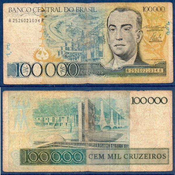 Bresil P.205a, B Billet de 100000 Cruzeiros 1985 Juscelino Kubitschek