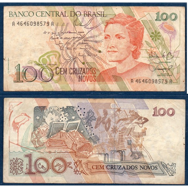 Bresil P.220a, TB Billet de 100 Cruzados Novos 1989 Cecilia Meireles