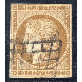 Timbre France Yvert No 1a Type Cérès 10c Bistre brun Oblitéré grille