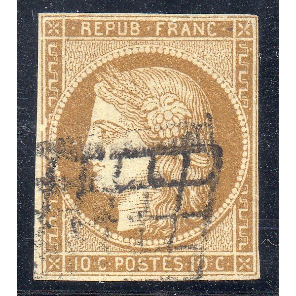 Timbre France Yvert No 1a Type Cérès 10c Bistre brun Oblitéré grille