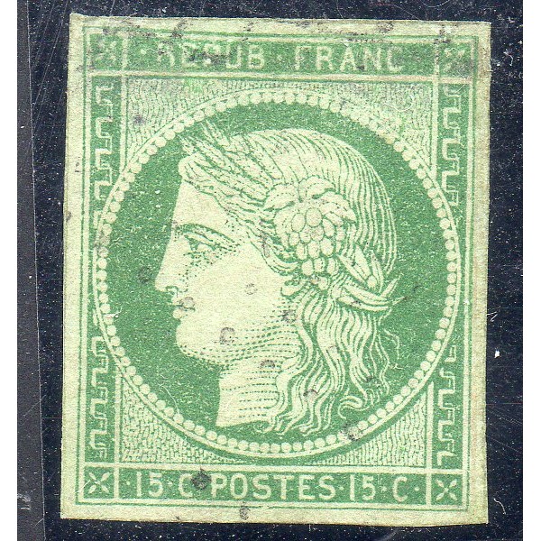 Timbre France Yvert No 2a Type Cérès 15c Vert clair Oblitéré