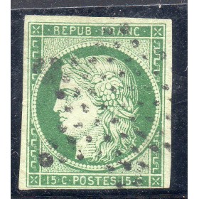 Timbre France Yvert No 2b Type Cérès 15c Vert foncé Oblitéré étoile de Paris