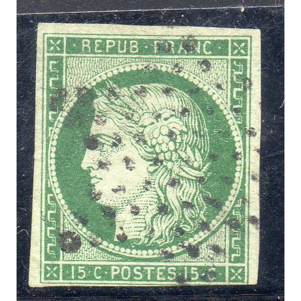 Timbre France Yvert No 2b Type Cérès 15c Vert foncé Oblitéré étoile de Paris