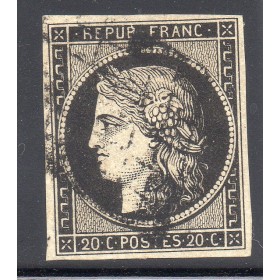Timbre France Yvert No 3a Type Cérès 20c Noir sur blanc Oblitéré Grille