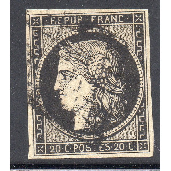 Timbre France Yvert No 3a Type Cérès 20c Noir sur blanc Oblitéré Grille