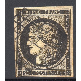 Timbre France Yvert No 3b Type Cérès 20c Noir sur chamois Oblitéré Grille