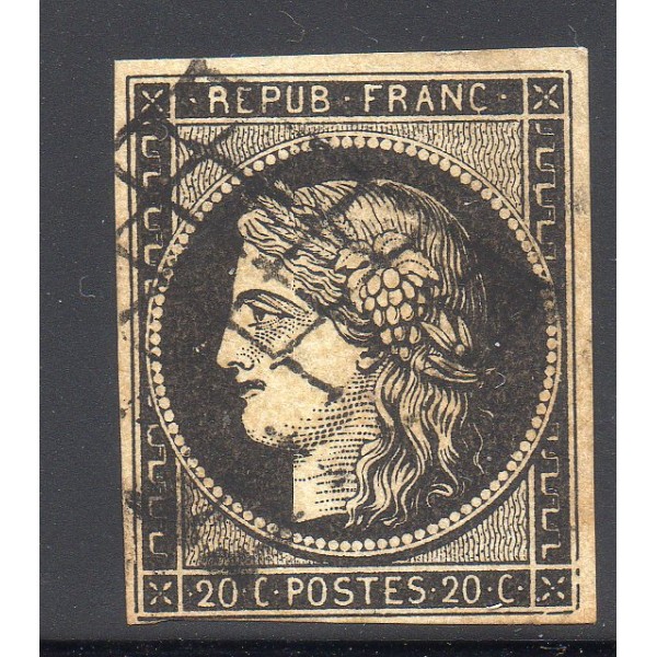 Timbre France Yvert No 3b Type Cérès 20c Noir sur chamois Oblitéré Grille