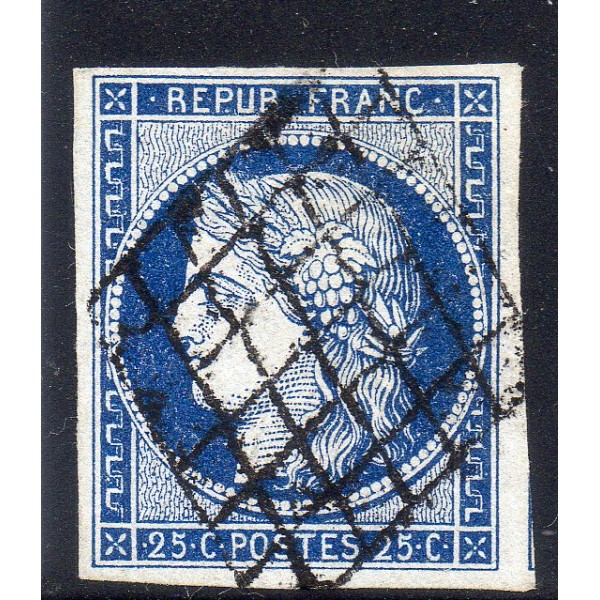 Timbre France Yvert No 4a Type Cérès 25c bleu foncé Oblitéré Grille