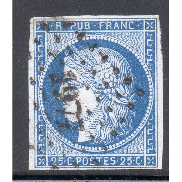 Timbre France Yvert No 4f Type Cérès 25c bleu clair Oblitéré petits chiffres