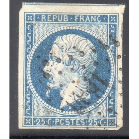 Timbre France Yvert No 10a Type Présidence 25c Bleu foncé Oblitéré Petits Chiffres