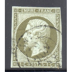 Timbre France Yvert No 11b Type Empire 1c olive clair Oblitéré CaD Type 15