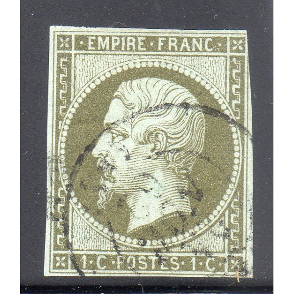 Timbre France Yvert No 11b Type Empire 1c olive clair Oblitéré CaD Type 15