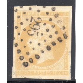 Timbre France Yvert No 13Aa Type I Empire 10c jaune citron Oblitéré petits chiffres