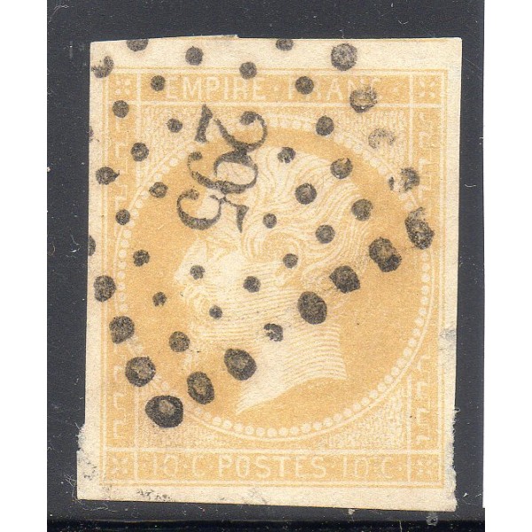 Timbre France Yvert No 13Aa Type I Empire 10c jaune citron Oblitéré petits chiffres