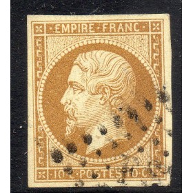 Timbre France Yvert No 13Bc Type II Empire 10c bistre oblitéré gros chiffres