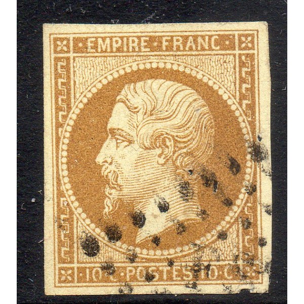 Timbre France Yvert No 13Bc Type II Empire 10c bistre oblitéré gros chiffres
